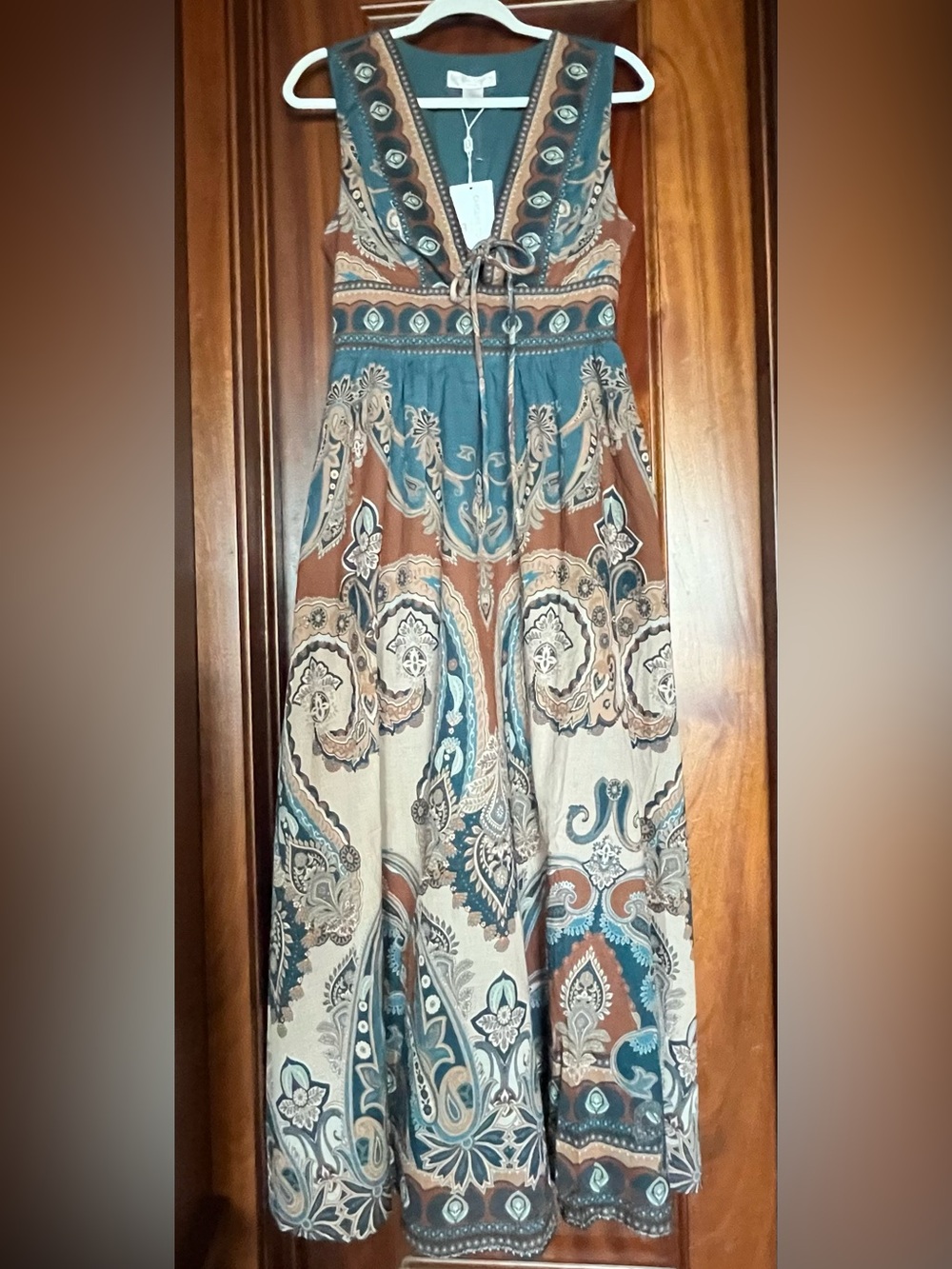 Caroline Constas brown blue paisley v neck Mahon maxi dress S ( Zimmermann FR